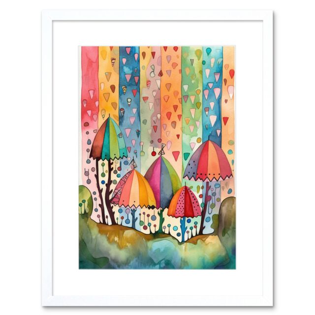 "Artery8 Wall Art Print Candy Land Rain Rainbow Folk Artwork Framed 9X7 Inch in White - Size: W7"" x H9""" - image 1