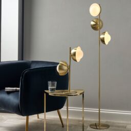 Ruma Brass Metal & White Orb Dome Floor Lamp 3 Bulb Art Deco Light in Gold