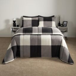 OHS Check Coverless Duvet Pillowcase Bedding Set Teddy Fleece Gingham Quilt 10.5 TOG in Light Grey - Size: Double