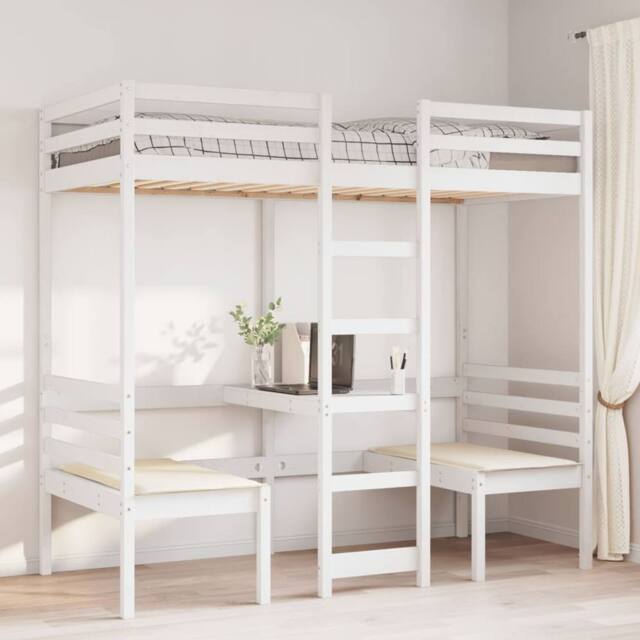 Berkfield Home Loft Bed Frame with Desk & Chairs White 90x200cm Solid Wood Pine - Size: 90x200 cm - image 1