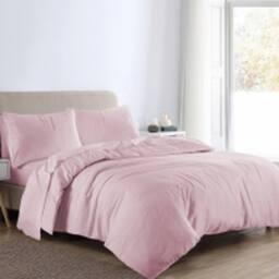 Homes-Linen Flannelette Plain Reversible Duvet Cover Set with Pillowcases in Pink - Size: Single