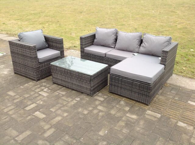 Fimous Rattan Sofa Set Outdoor Garden Furniture With Single Arm Chair & Rectangular Coffee Table With Big Footstool in Dark Grey - image 1
