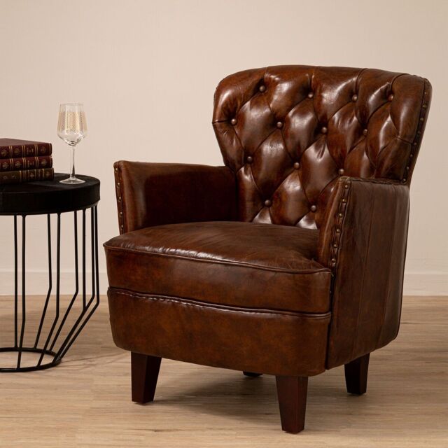 Orsina Mocha Brown Button Back Armchair, Lounge Chair With Quilted Backrest, Metallic Studded Seat With Walnut Feet - image 1