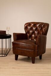 Orsina Mocha Brown Button Back Armchair, Lounge Chair With Quilted Backrest, Metallic Studded Seat With Walnut Feet - thumbnail 2