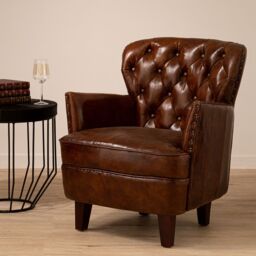 Orsina Mocha Brown Button Back Armchair, Lounge Chair With Quilted Backrest, Metallic Studded Seat With Walnut Feet