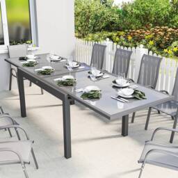 OUTSUNNY Aluminium Extending Garden Table, Glass Top Dining Table, Grey