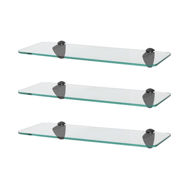 Harbour Housewares 3x Rounded Floating Glass Shelves - 40cm Bathroom Storage Display Unit in Black - image 1