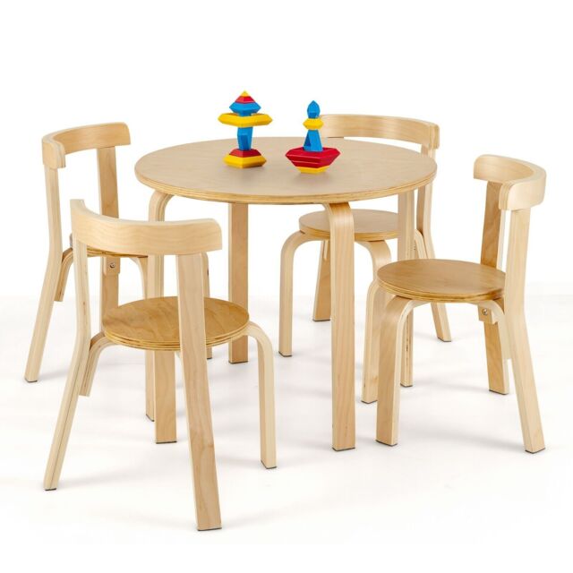 Costway 5 Piece Table & Chair Set Wooden Activity Table 4 Curved Chairs in Natural - image 1