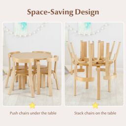 Costway 5 Piece Table & Chair Set Wooden Activity Table 4 Curved Chairs in Natural - thumbnail 4