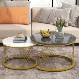 Matteo Modern Nesting Coffee Table Set of 2 - Marble Top, Gold Metal Frame - thumbnail 2