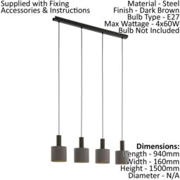 Loops Pendant Light Colour Dark Brown Shade Cappuccino Gold Fabric Bulb E27 4x60W - thumbnail 2