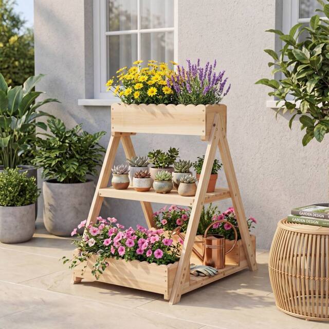 Costway 3-Tier Raised Garden Bed Wooden Elevated Flower Bed w/3 Planter Boxes in Natural - image 1