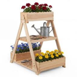 Costway 3-Tier Raised Garden Bed Wooden Elevated Flower Bed w/3 Planter Boxes in Natural - thumbnail 3