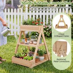 Costway 3-Tier Raised Garden Bed Wooden Elevated Flower Bed w/3 Planter Boxes in Natural - thumbnail 8