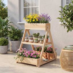 Costway 3-Tier Raised Garden Bed Wooden Elevated Flower Bed w/3 Planter Boxes in Natural - thumbnail 1