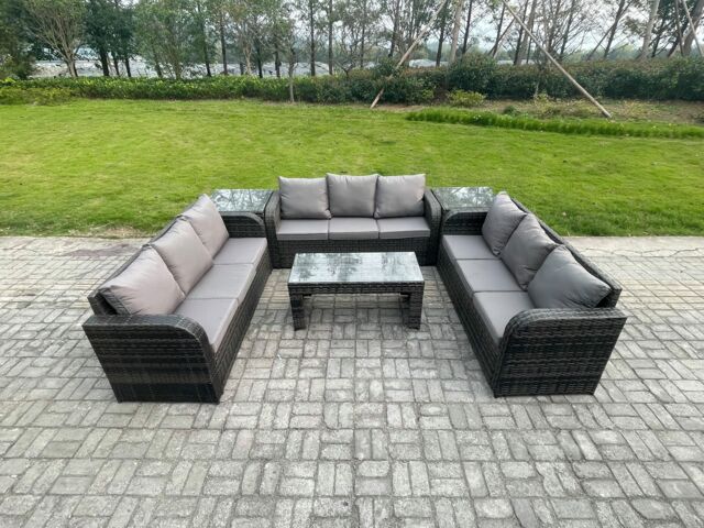 Fimous 9 Seater Outdoor Lounge Sofa Set Rattan Garden Furniture Set with Rectangular Coffee Table 2 Side Tables 3 Seater Sofa Dark Grey Mixed - image 1