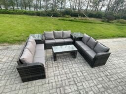 Fimous 9 Seater Outdoor Lounge Sofa Set Rattan Garden Furniture Set with Rectangular Coffee Table 2 Side Tables 3 Seater Sofa Dark Grey Mixed - thumbnail 2