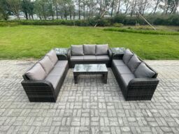 Fimous 9 Seater Outdoor Lounge Sofa Set Rattan Garden Furniture Set with Rectangular Coffee Table 2 Side Tables 3 Seater Sofa Dark Grey Mixed - thumbnail 1