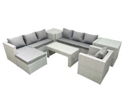 Fimous Wicker PE Rattan Sofa Garden Furniture Set with Oblong Coffee Table Armchair Big Footstool 2 Side Tables Light Grey Mixed - thumbnail 1