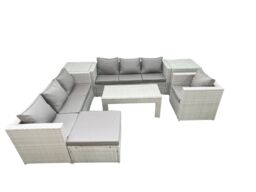 Fimous Wicker PE Rattan Sofa Garden Furniture Set with Oblong Coffee Table Armchair Big Footstool 2 Side Tables Light Grey Mixed - thumbnail 2