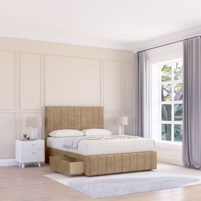 "Sloomy California Divan Bed Base Slate Naples 2 Drawers 12"" Footboard & 26"" Struts Headboard in Light Brown - Size: Double" - image 1