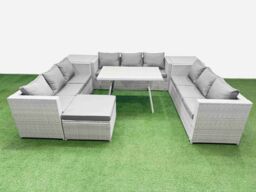 Fimous 10 Seat Patio PE Rattan Garden Furniture with 2 Side Tables Big Stool in Light Grey - thumbnail 1