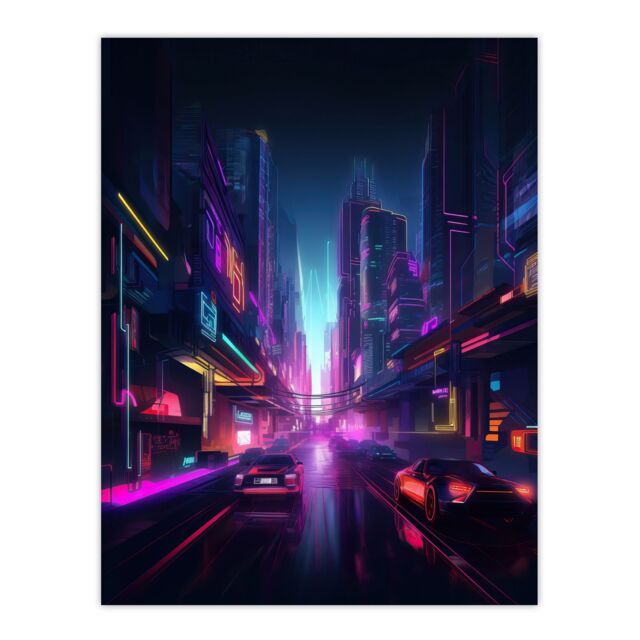"Artery8 Neon Purple Cityscape Electronic Futuristic Skyscraper Boys Bedroom Extra Large XL Wall Art Poster Print - Size: W24"" x H32""" - image 1