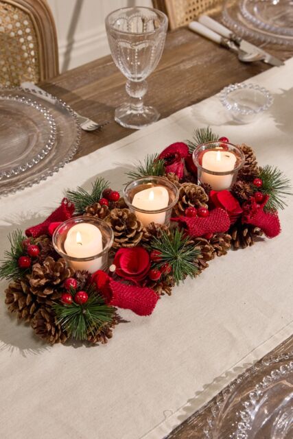 Dibor Winter Red Rose Trio Tealight Xmas Centrepiece Christmas Décor Candle Holders 37cm - image 1