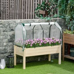 OUTSUNNY Raised Garden Bed w/ PE Cover Patio Elevated Wood Planter Box Natural