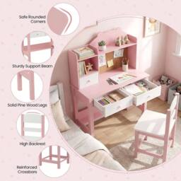 SPETLEK Desk & Chair Set with Hutch & Drawers Wooden Study Table Pink - thumbnail 5