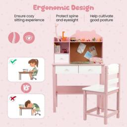 SPETLEK Desk & Chair Set with Hutch & Drawers Wooden Study Table Pink - thumbnail 7