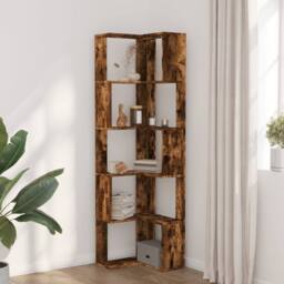Berkfield Home Corner Bookcase 5-Tier Smoked Oak 50x50x179 cm Engineered Wood in Brown - Size: 50 x 50 x 179 cm - thumbnail 3