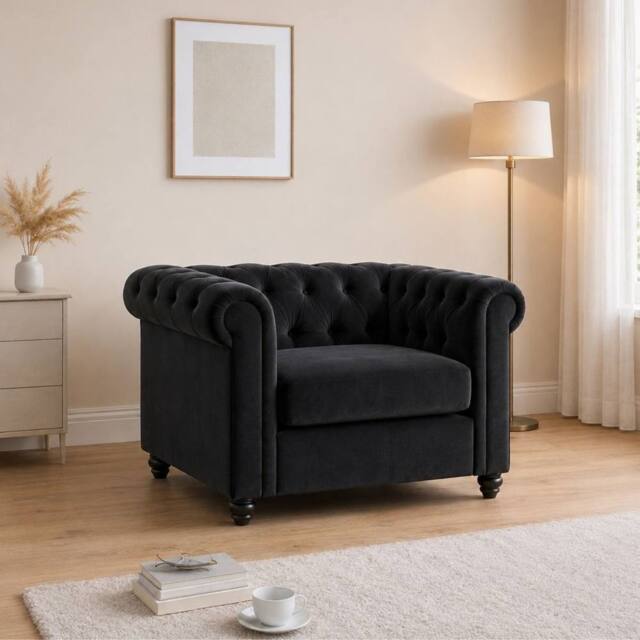 Sofaya Hampton Armchair Chesterfield Seater Sofa Velvet Couch in Black - Size: 1 Seater - image 1