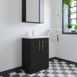 Balterley Bathroom Vanity Basin Unit, Brushed Brass Handles, 600mm, Wood Black - thumbnail 3