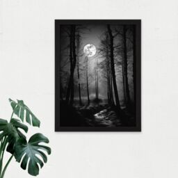 "Artery8 Wall Art Print Full Moon Over Misty Forest Black & White Photo Large Framed Wall Décor Art in Light Oak - Size: W18"" x H24""" - thumbnail 2