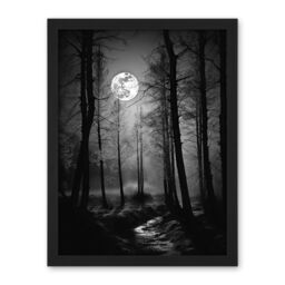 "Artery8 Wall Art Print Full Moon Over Misty Forest Black & White Photo Large Framed Wall Décor Art in Light Oak - Size: W18"" x H24""" - thumbnail 1