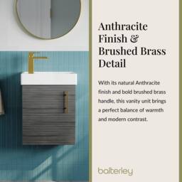 Balterley Wall Hung Vanity Basin 400mm Anthracite & Brushed Brass Handle in Grey - thumbnail 4