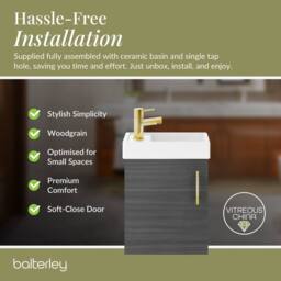 Balterley Wall Hung Vanity Basin 400mm Anthracite & Brushed Brass Handle in Grey - thumbnail 7