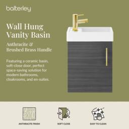 Balterley Wall Hung Vanity Basin 400mm Anthracite & Brushed Brass Handle in Grey - thumbnail 2