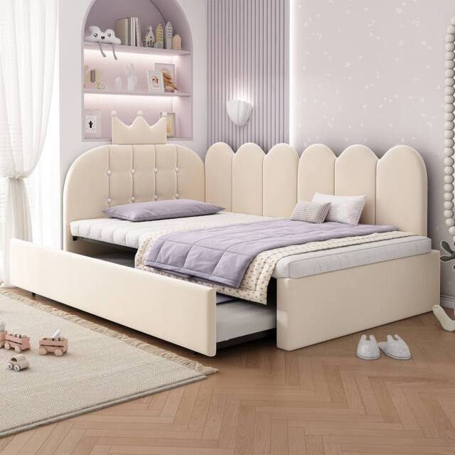 Matteo Crown Upholstered Daybed with Pull-Out Trundle Beige - Size: Single - image 1