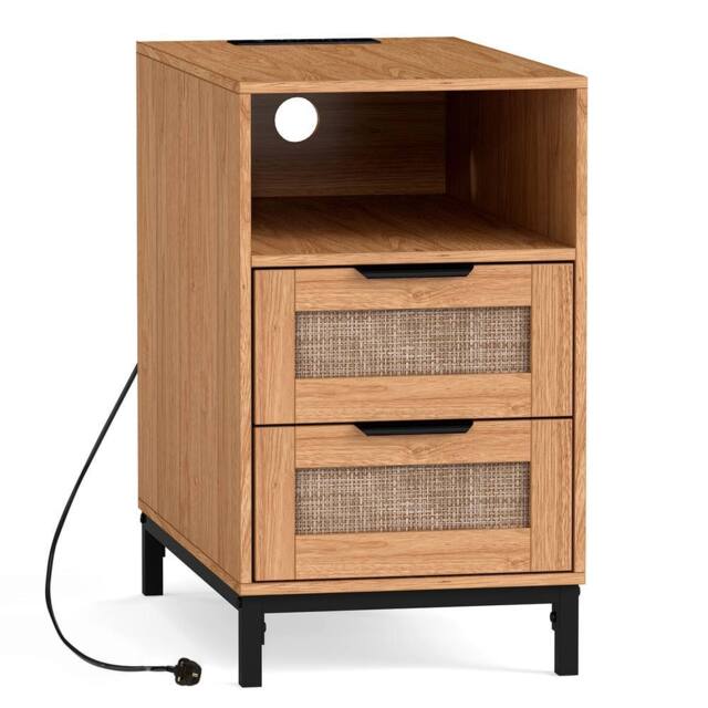 Gymax Narrow Rattan Side Table with Charging Station 2 Drawers Nightstand in Brown - image 1