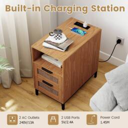 Gymax Narrow Rattan Side Table with Charging Station 2 Drawers Nightstand in Brown - thumbnail 6