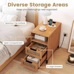 Gymax Narrow Rattan Side Table with Charging Station 2 Drawers Nightstand in Brown - thumbnail 5