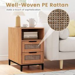 Gymax Narrow Rattan Side Table with Charging Station 2 Drawers Nightstand in Brown - thumbnail 7