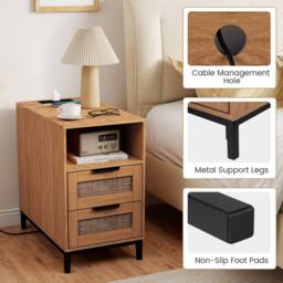 Gymax Narrow Rattan Side Table with Charging Station 2 Drawers Nightstand in Brown - thumbnail 9