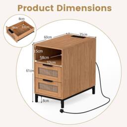 Gymax Narrow Rattan Side Table with Charging Station 2 Drawers Nightstand in Brown - thumbnail 2