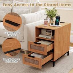 Gymax Narrow Rattan Side Table with Charging Station 2 Drawers Nightstand in Brown - thumbnail 4