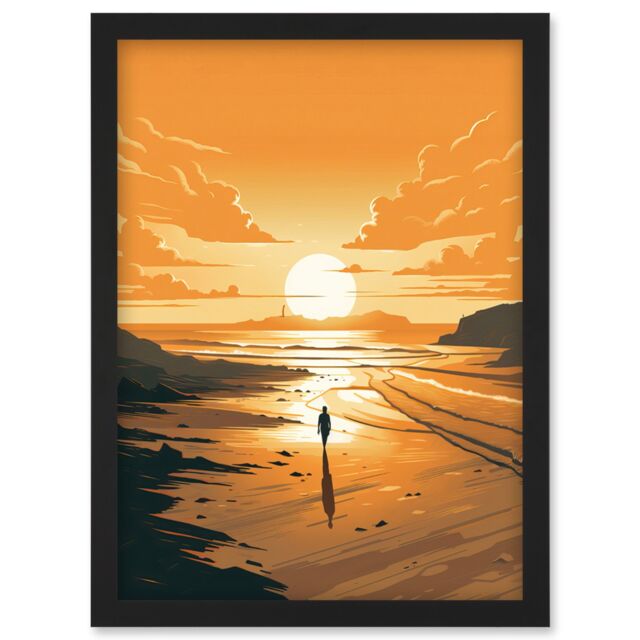 Artery8 Walk into the Sunset Sand Beach Coastal Landscape Artwork Framed Wall Art Print A4 in Black - image 1
