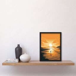 Artery8 Walk into the Sunset Sand Beach Coastal Landscape Artwork Framed Wall Art Print A4 in Black - thumbnail 2