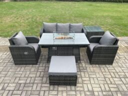 Fimous Patio Outdoor Rattan Garden Furniture Set Propane Gas Fire Pit Table Burner with Lounge Sofa Side Table Footstool in Dark Grey - thumbnail 1